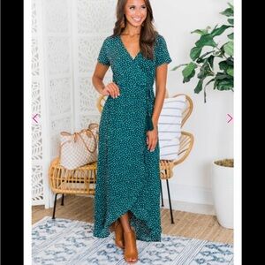 Pink Lily Faux Wrap Dress Teal Polka Dot